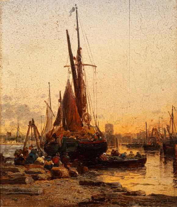 Bonhams : James Webb (British, 1825-1895) Harbour scene at sunset