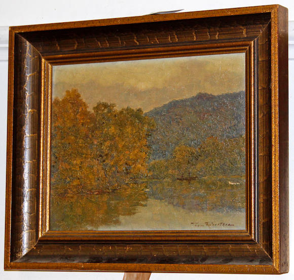 Bonhams : Tom Robertson (1829-71) Lake scene Oil on board, Signed, 22cm ...