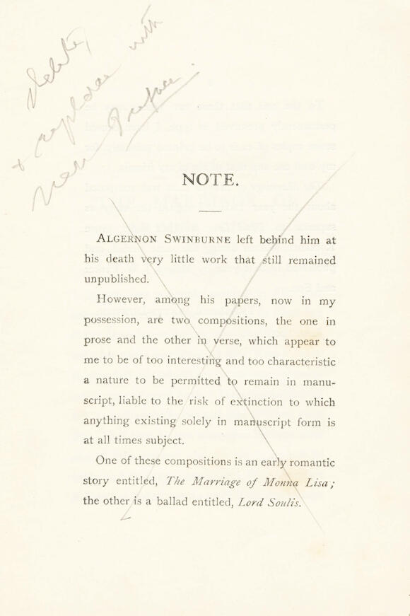 Bonhams SWINBURNE (ALGERNON CHARLES) The Marriage of the Monna Lisa