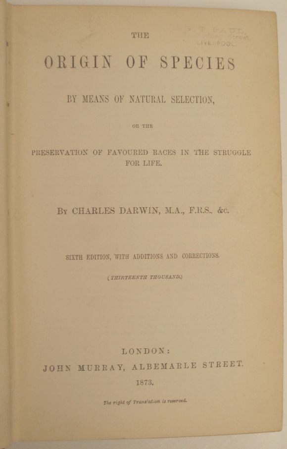 Bonhams : DARWIN (CHARLES) The Origin of Species by Means of Natural ...
