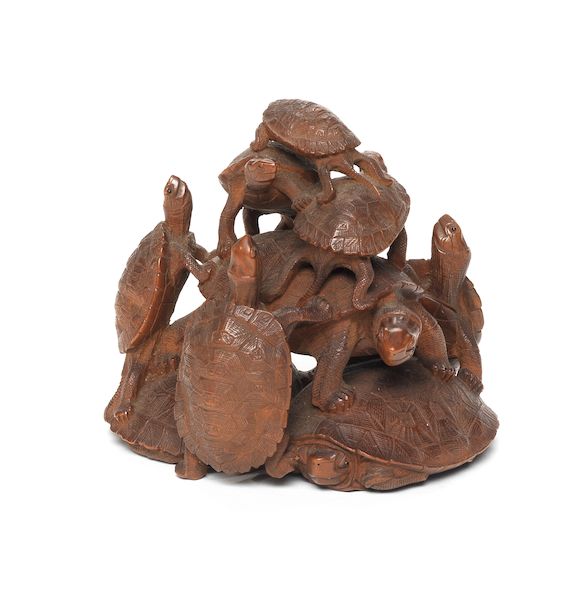 Bonhams : A wood okimono of turtles By Tadakazu, Meiji Period
