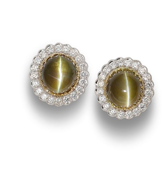 Bonhams : A pair of chrysoberyl cat's eye and diamond earrings