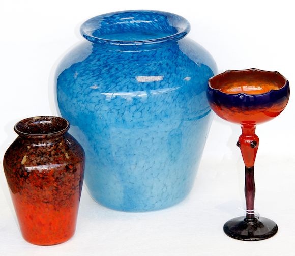 Bonhams A pair of monart glass vases,16cm, a blue Monart vase, 26cm