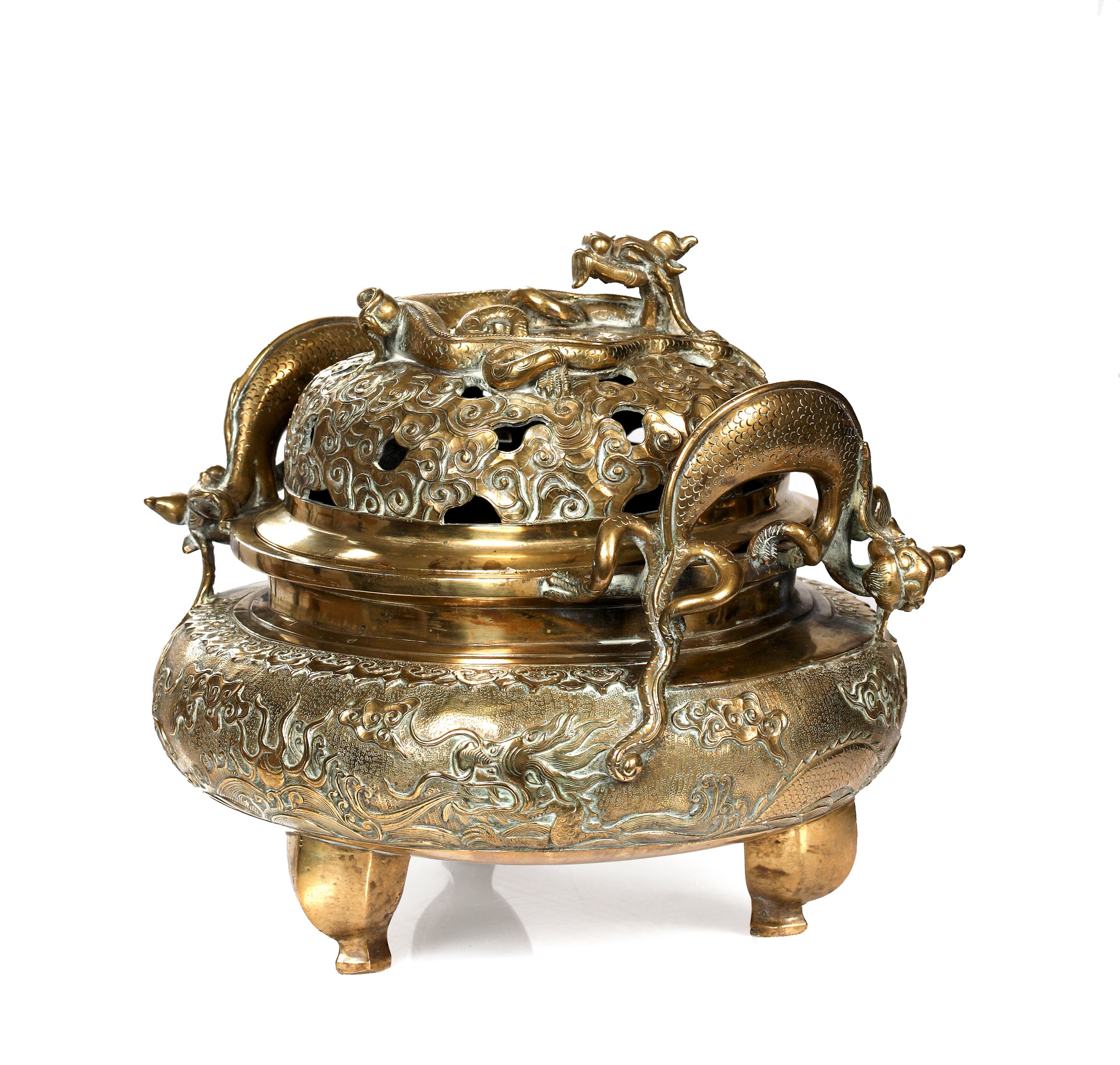 Bonhams A Chinese brass dragon incense burner, 19th century