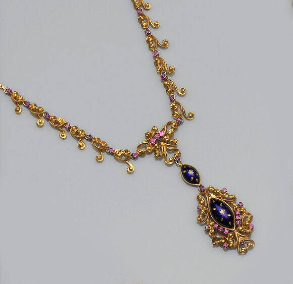 Bonhams : An enamel and gem set pendant necklace