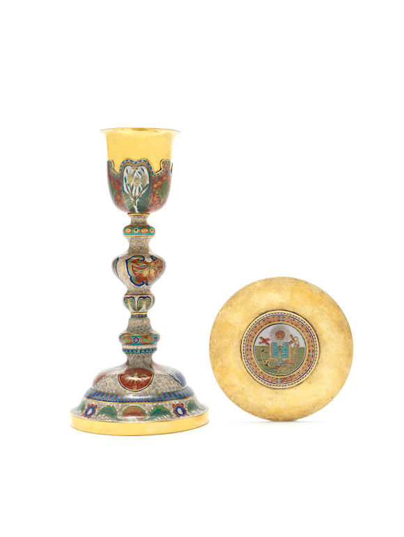 Bonhams : A very rare cloisonné enamel chalice and paten in European ...