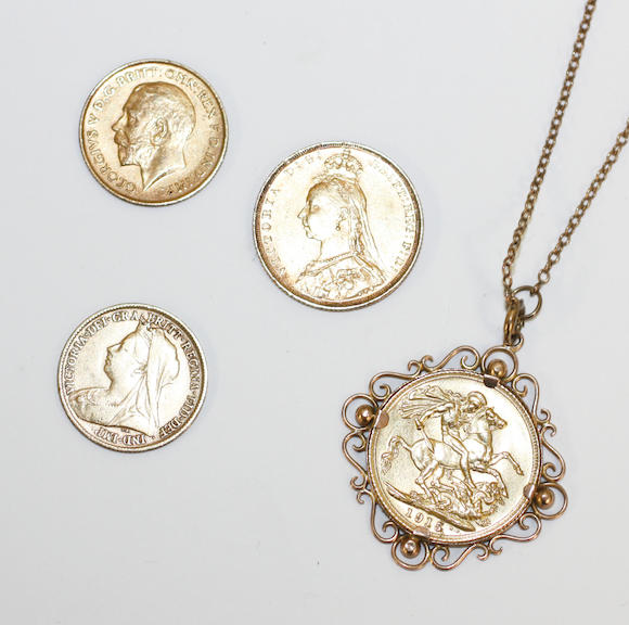 Bonhams : A 1915 gold sovereign in mount on 9 carat chain; together ...