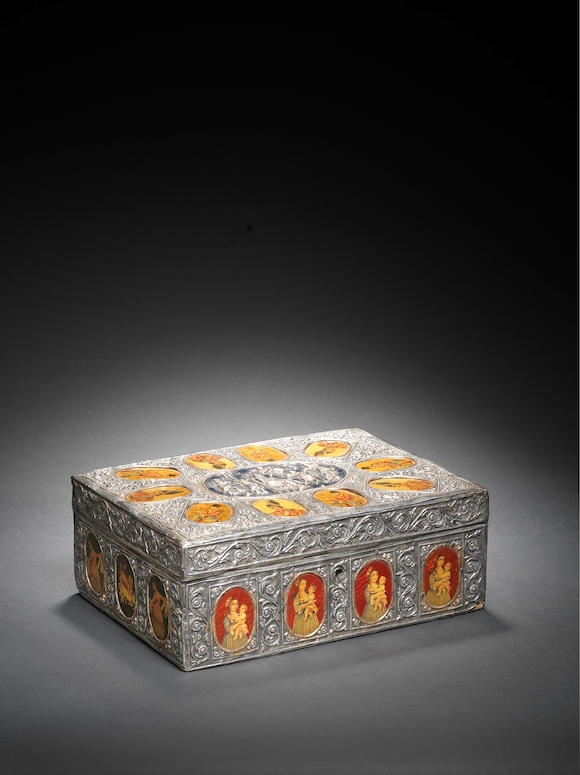 Bonhams An Achaemenid Revival Repoussé Silver Box Mounted With Qajar Lacquer Playing Cards