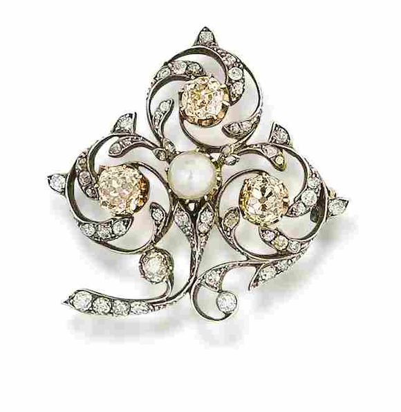 Bonhams A natural pearl and diamond trefoil brooch,