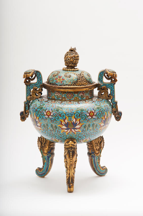 Bonhams : A rare cloisonné enamel tripod incense burner and cover, ding ...