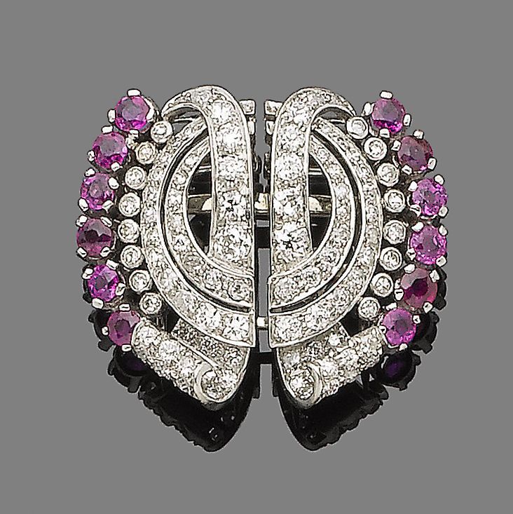A ruby and diamond double clip brooch,