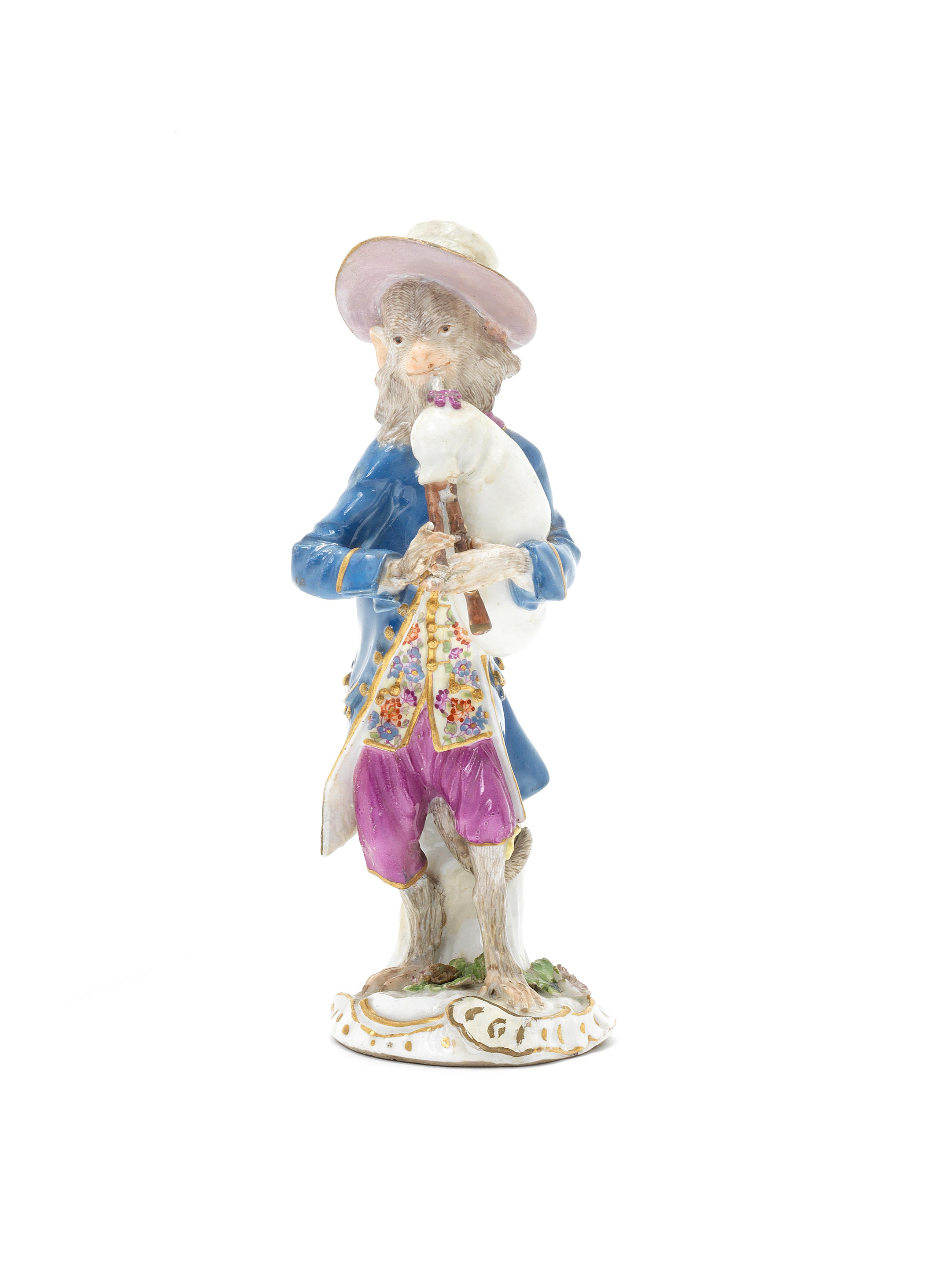 A Meissen monkey band figure of a bagpipe player, third quarter 18th century