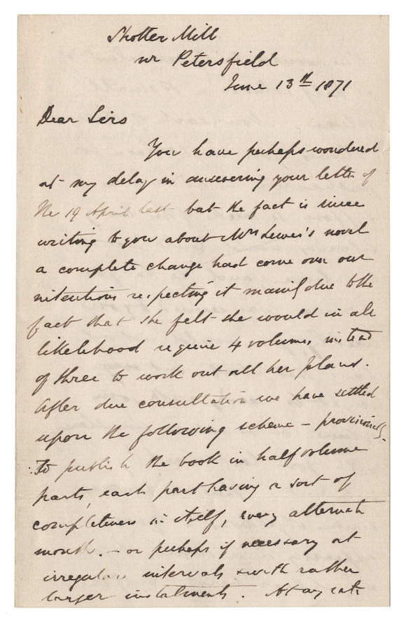 Bonhams : ELIOT (GEORGE) Unpublished autograph letter signed by George ...