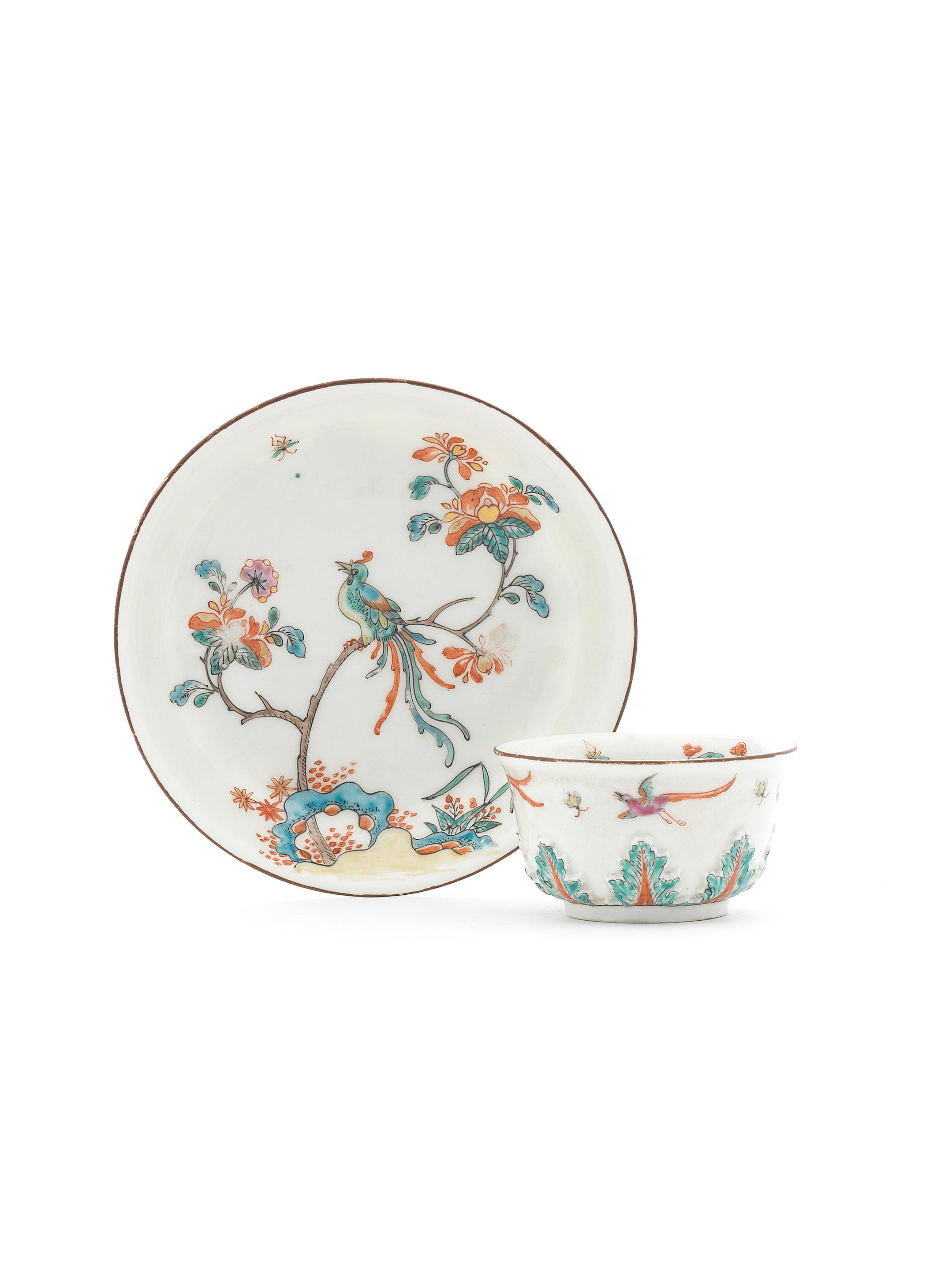 A Meissen Dutch-decorated teabowl and saucer, the porcelain circa 1720, the...