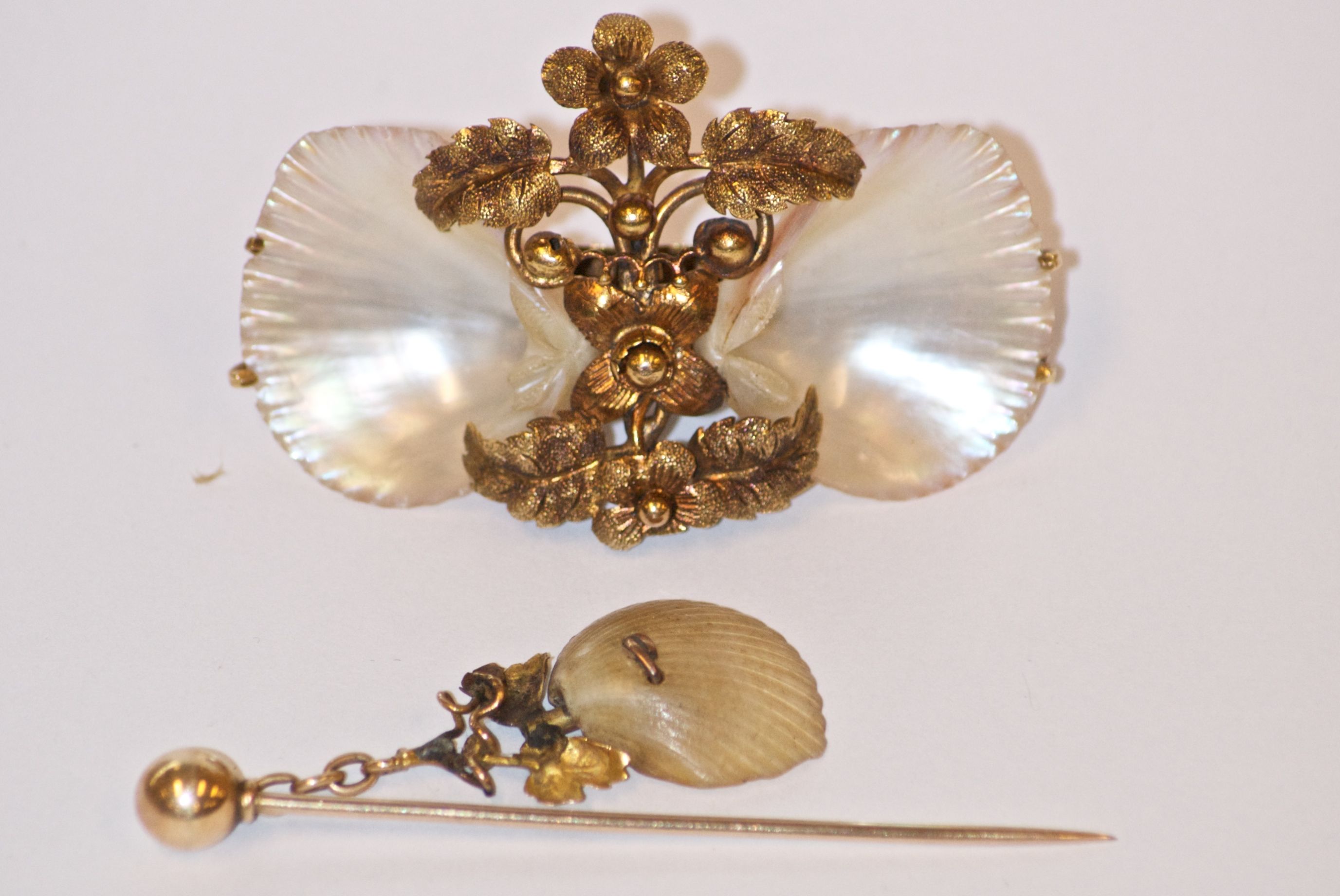 Bonhams An Australian Shell brooch and stick pin, marked 'F. B & R