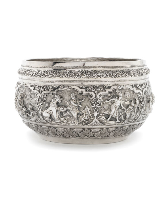 Bonhams : A Burmese silver rice bowl peacock engraved to underside
