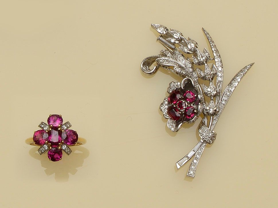 A ruby and diamond spray brooch and a ruby and diamond ring (2)