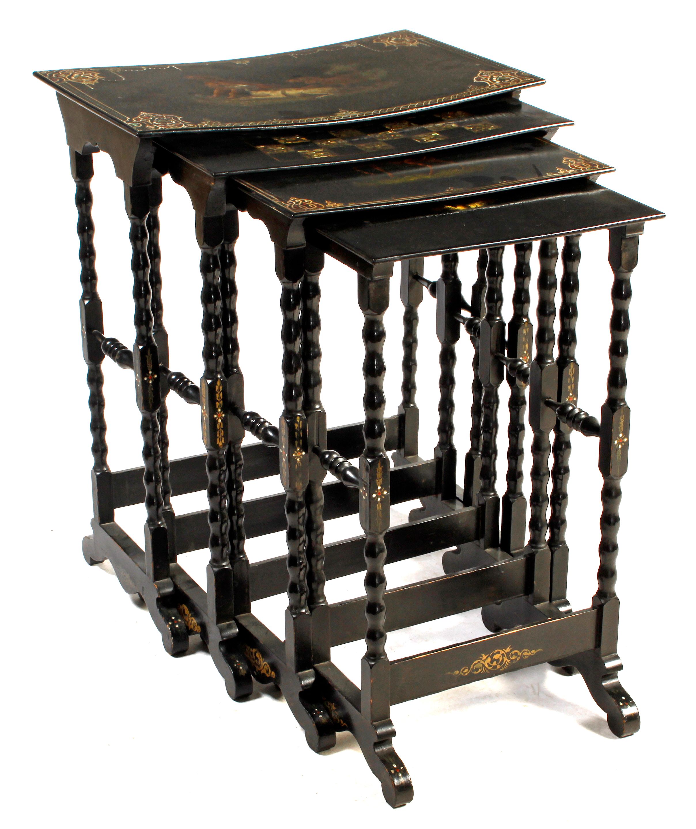 Bonhams A Victorian black japanned paper mache nest of four tables