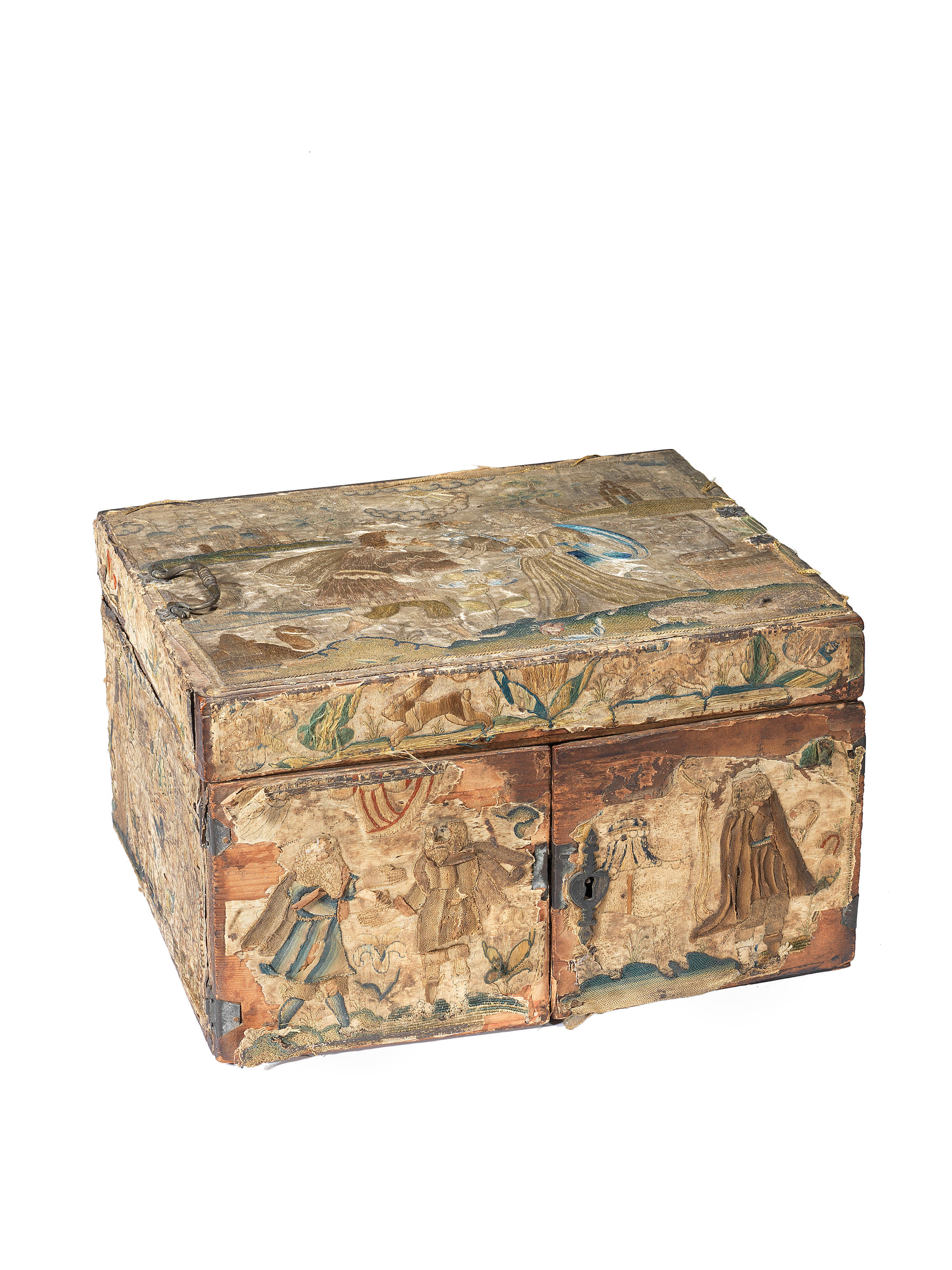 Bonhams : A Charles II stumpwork casket depicting Rebecca at the well