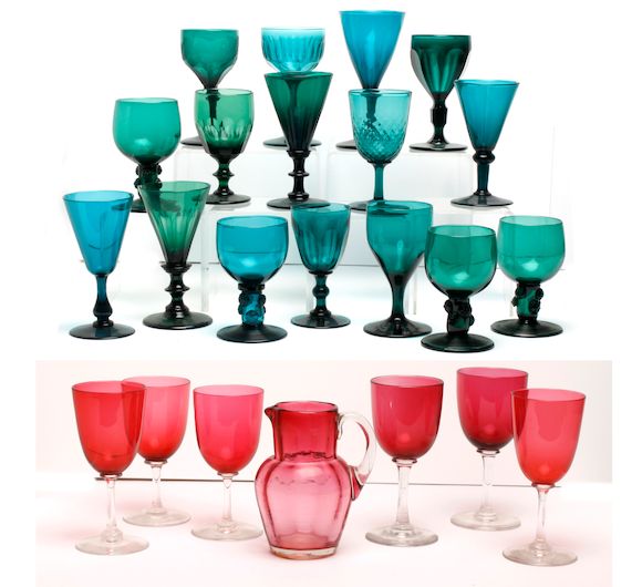 Bonhams A collection of twentyeight greentinted wine glasses, 19th