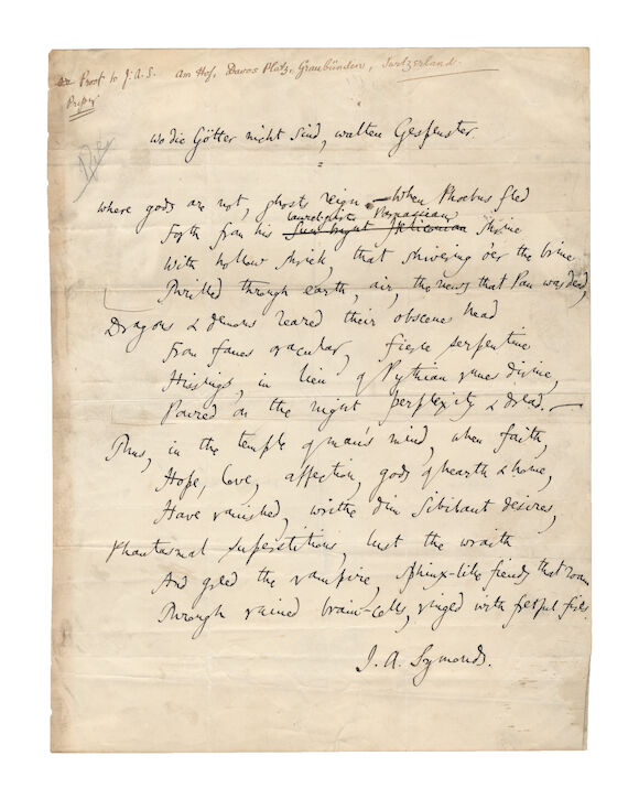 Bonhams : SYMONDS, JOHN ADDINGTON (1840-1893) TWO AUTOGRAPH POEMS, signed