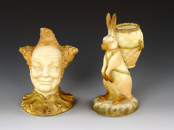 Bonhams Two Rare Royal Worcester Models Of Clowns Head And Rabbit Flower Holder Dated 1908 