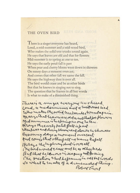 Bonhams Frost Robert 1874 1963 American Poet Autograph Manuscript Of His Poem The Oven