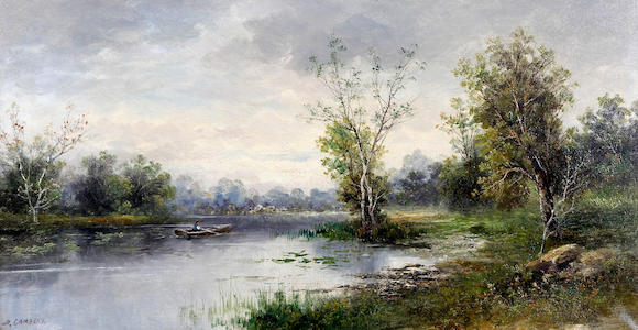 Bonhams : B. Lambert (British, 19th-) 'En Bretagne', riverscene with ...