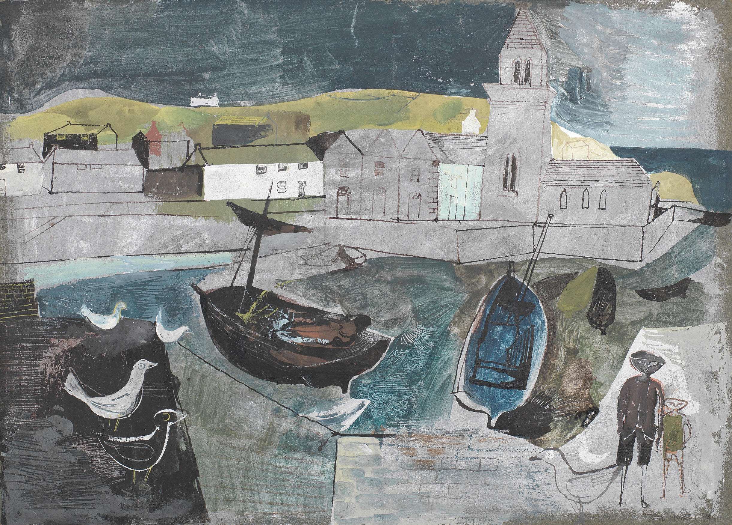 Bonhams : John Minton (British, 1917-1957) Mevagissey, Cornwall 28 x 38 ...