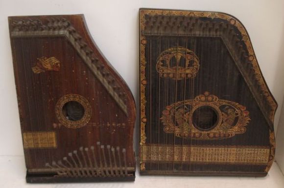 Bonhams : Two Zithers, one labelled 'The Piano Chord', in ebonised gilt ...