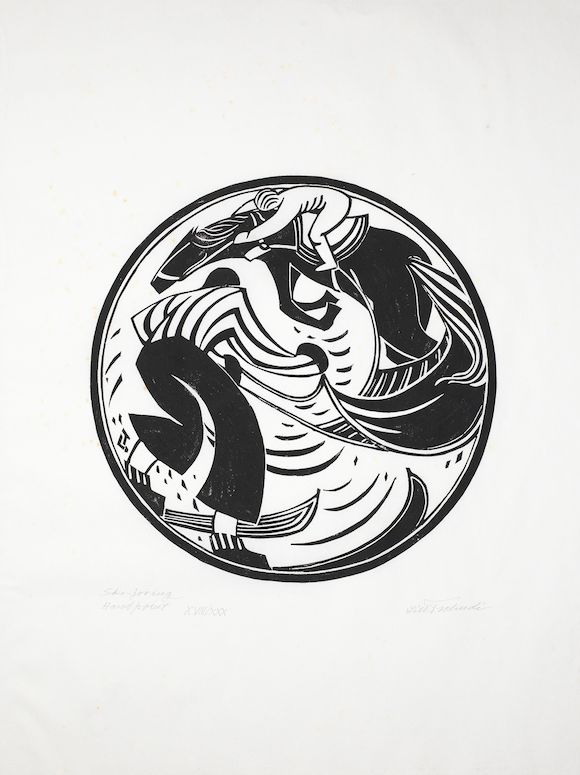 Bonhams Lill Tschudi (Swiss, 19112001) Skijoring Linocut printed in