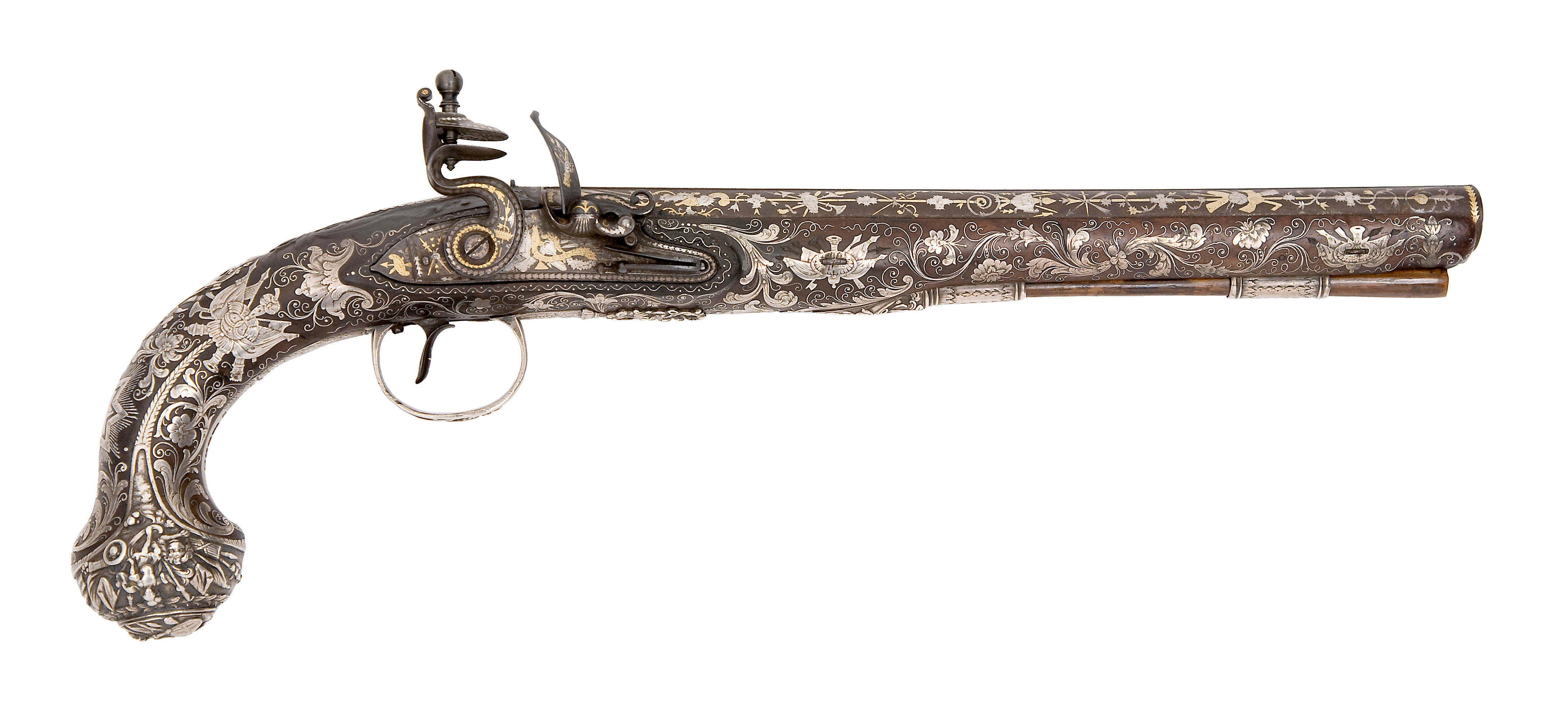 A Fine And Rare 16-Bore Silver-Mounted Flintlock Pistol Of Presentation ...