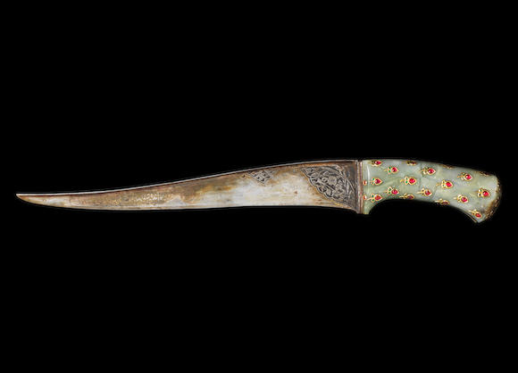 Bonhams A Mughal Gem Set Jade Hilted Koftgari Steel Dagger Peshkabz Northern India 19th Century