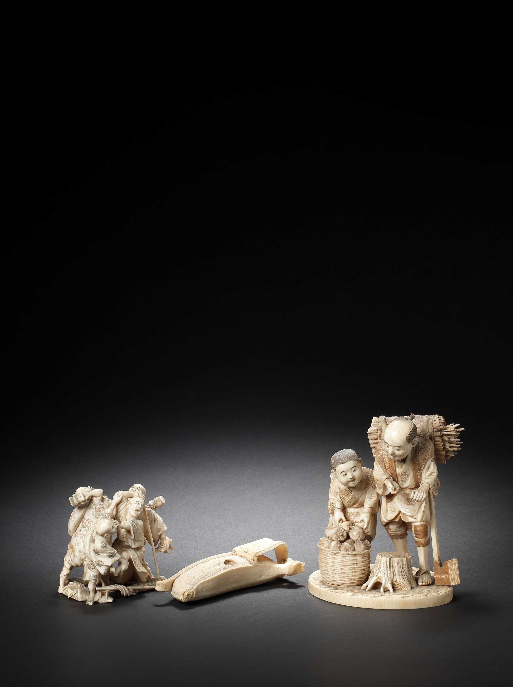 Bonhams : Three ivory and one wood okimono One by Toshiyuki and one by ...