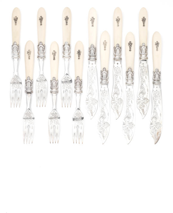 Bonhams A two cased set of 19th century silver and ivory handled fish knives and forks the