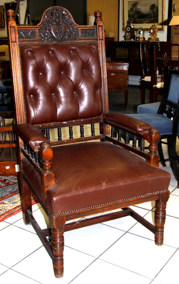 Bonhams : A late 19th Century carved oak leather armchair