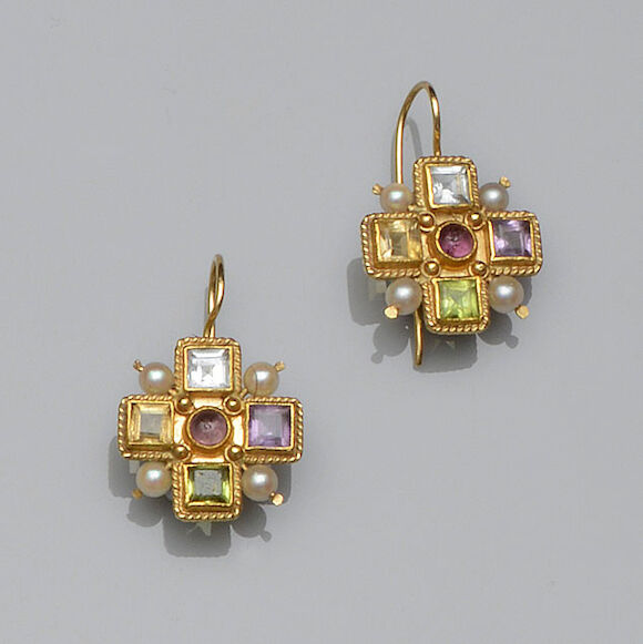 Bonhams : A pair of vari gem-set earpendants