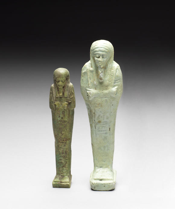 Bonhams : Two Egyptian green glazed composition shabtis and an ...