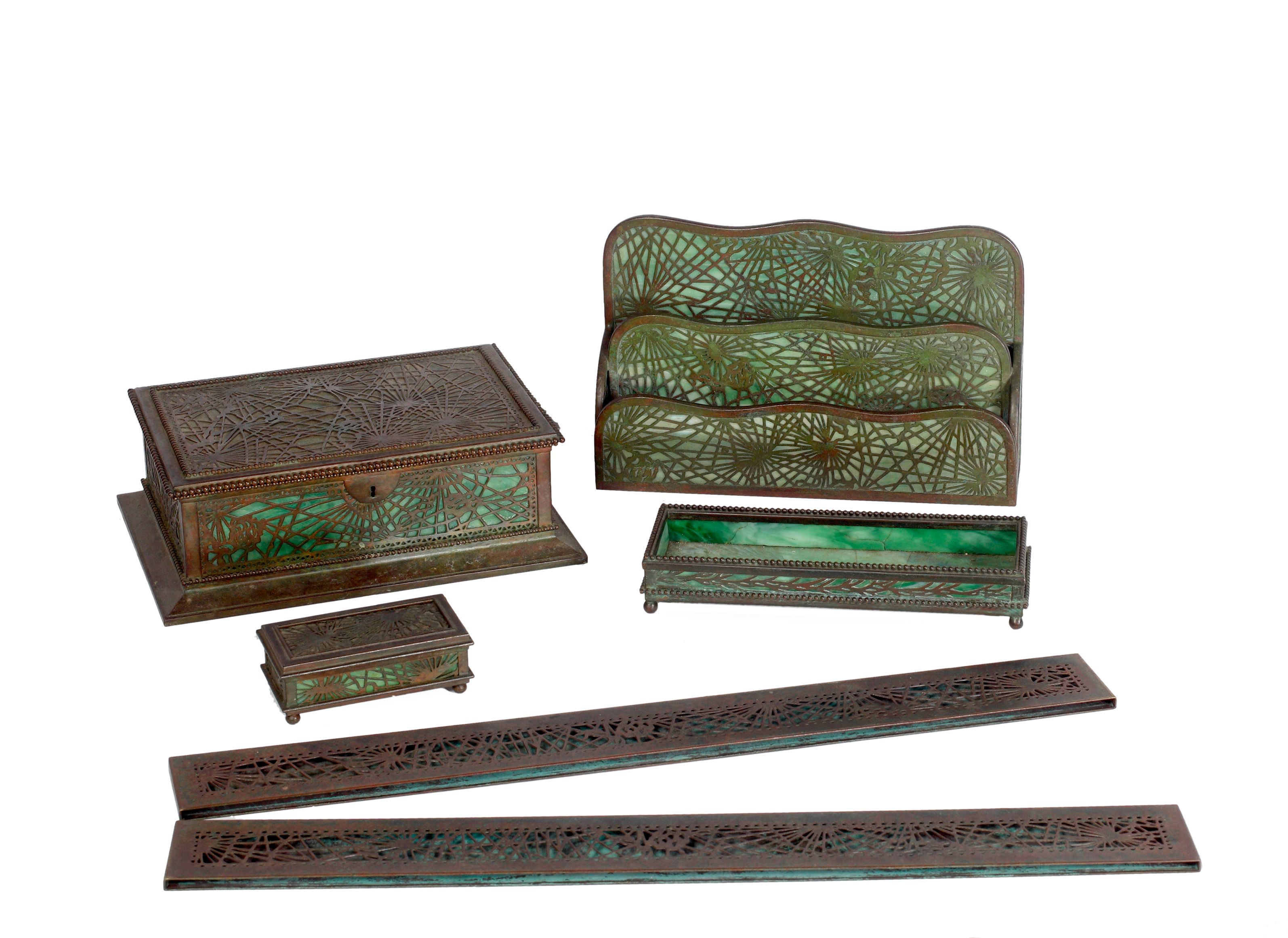 A Tiffany Studios Pine Needle pattern five piece desk set