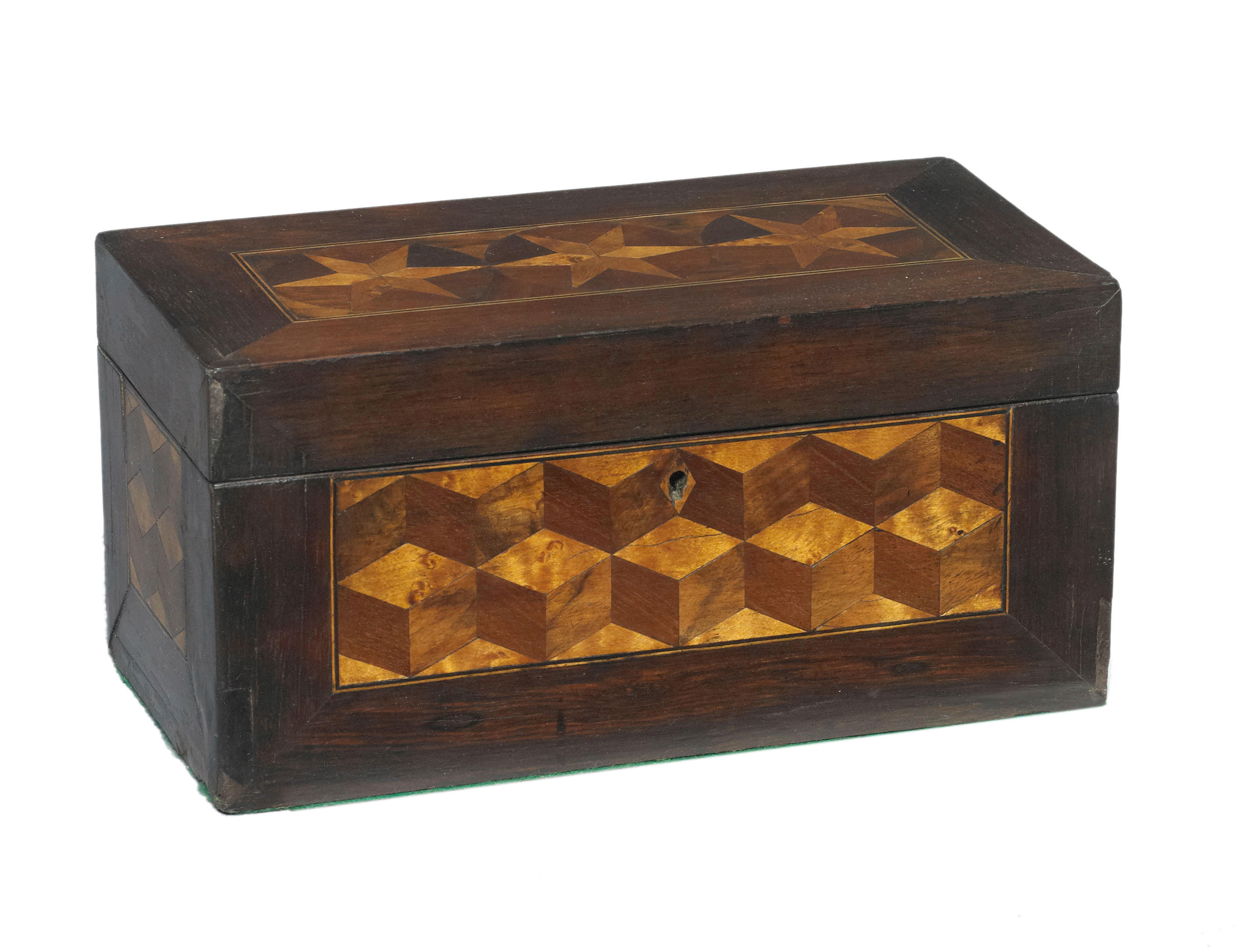 An Australian specimen wood inlaid huon pine and rosewood parquetry tea...