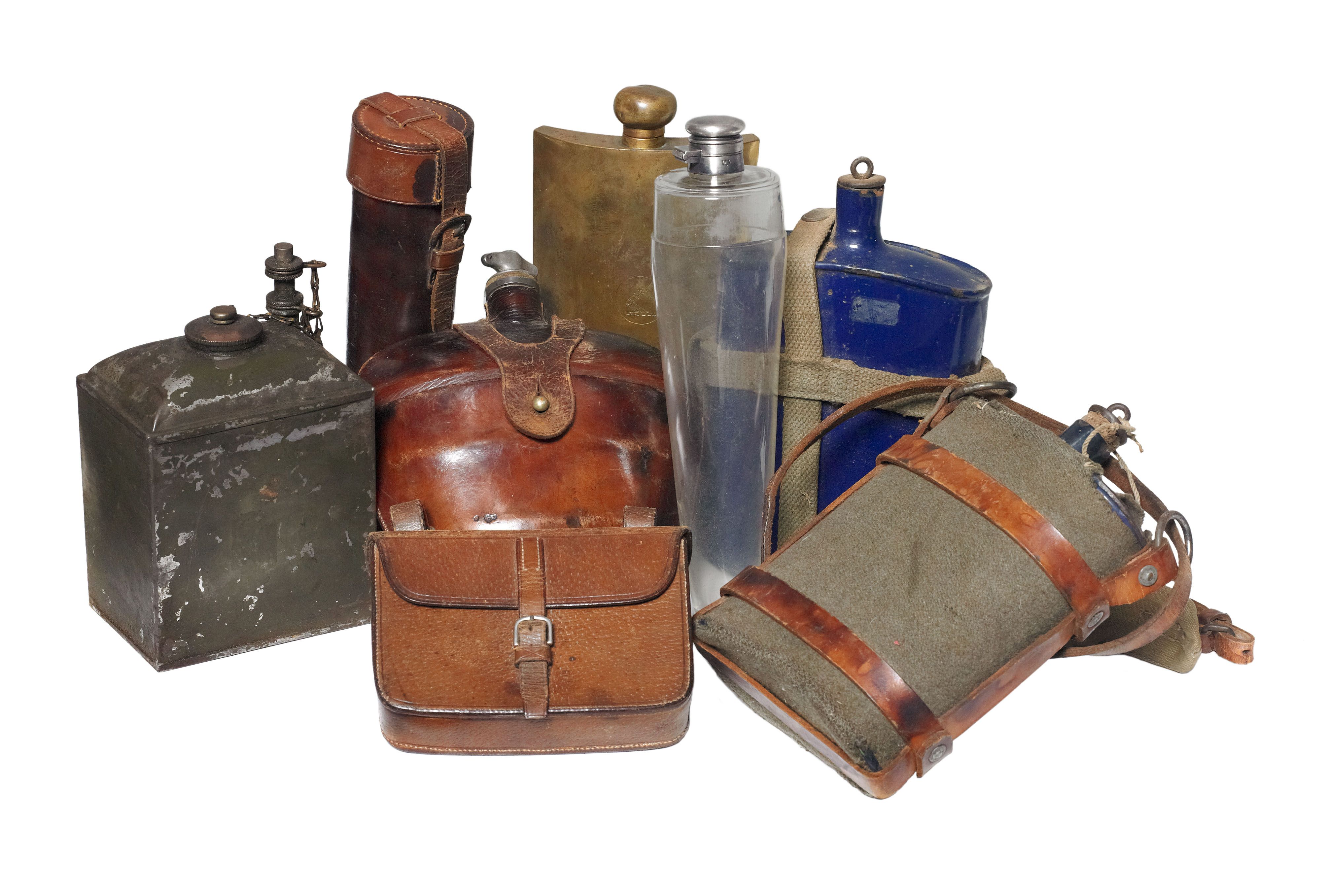 Bonhams Eight various military issue flasks and water canteens, 19th