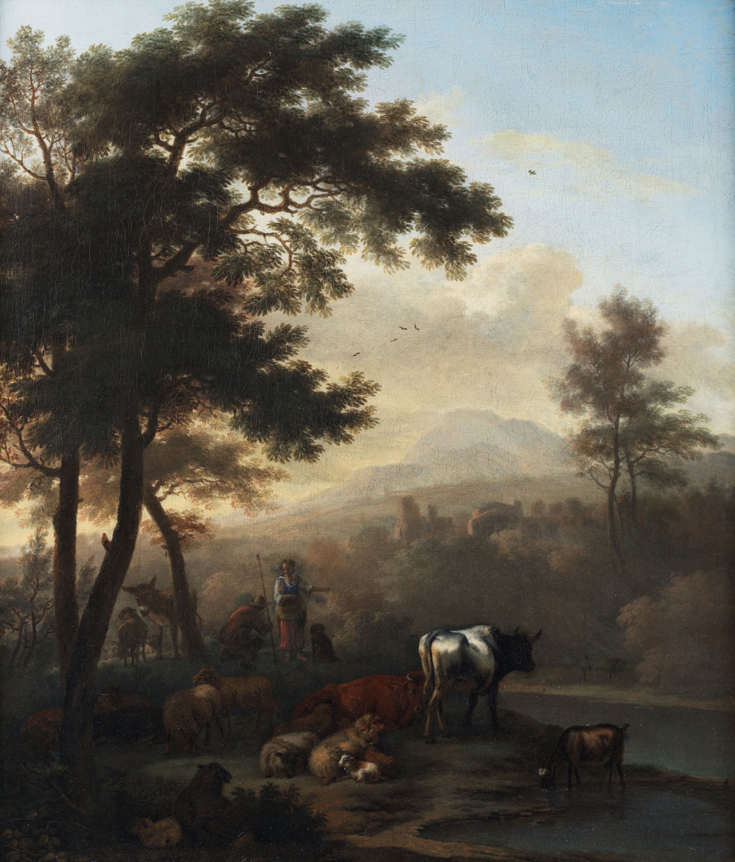 Shepherds Grazing Their Cattle Before An Open Italianate Landscape