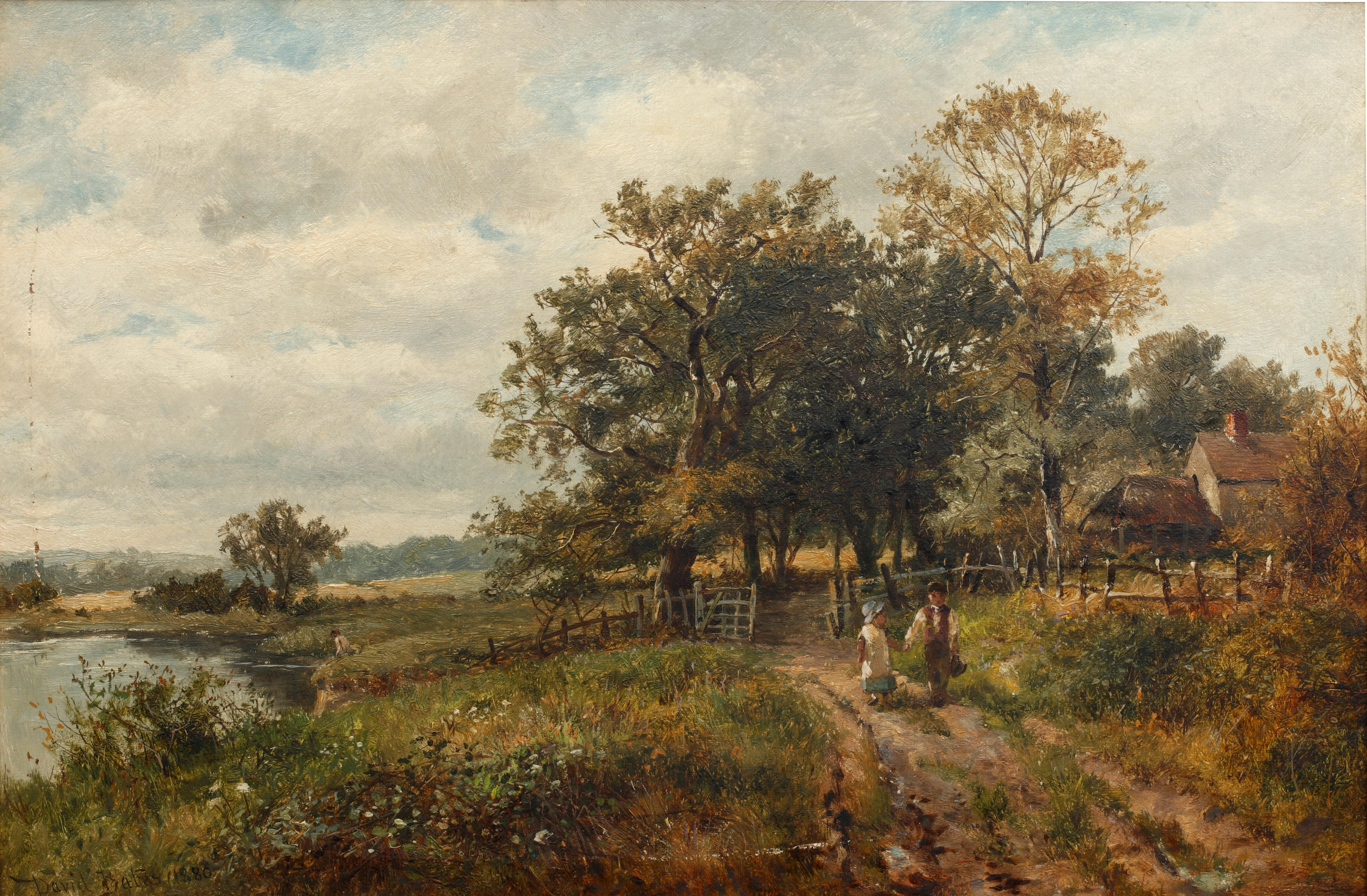 Bonhams : David Bates (British, 1840-1921) Girl and boy on a country path