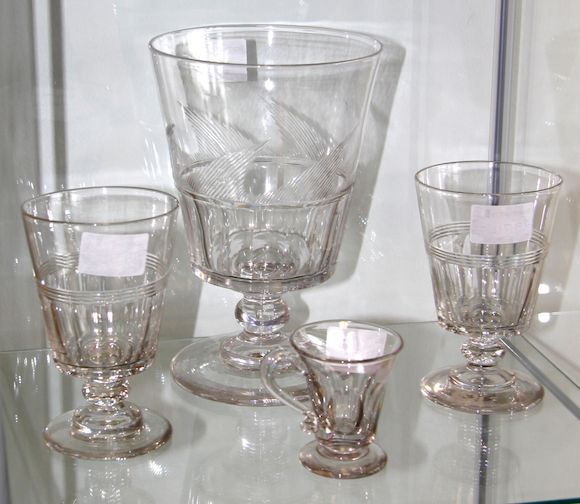 Bonhams A Stourbridge engraved beaker, a large rummer, two goblets, a cut glass dish and a