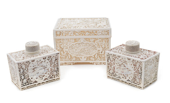 Ivory Expensive Bonhams : A carved ivory box and cover and a pair of carved ivory tea ...