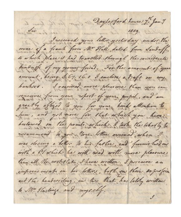 Bonhams : HASTINGS (WARREN) Two autograph letters signed (