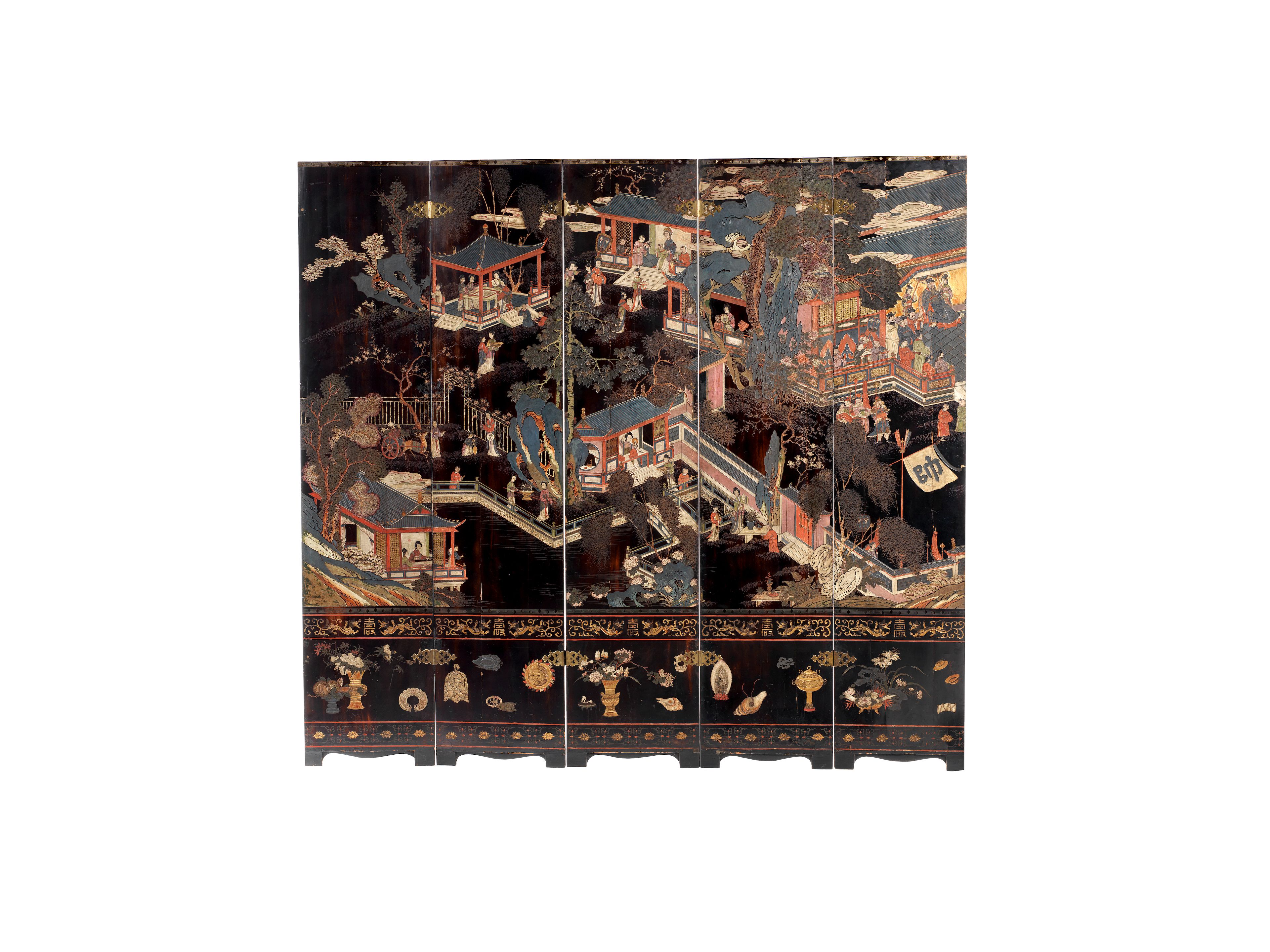 A large polychrome lacquer five-panel screen 19th century