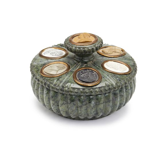 Bonhams : A carved stone inkwell inset with cameos