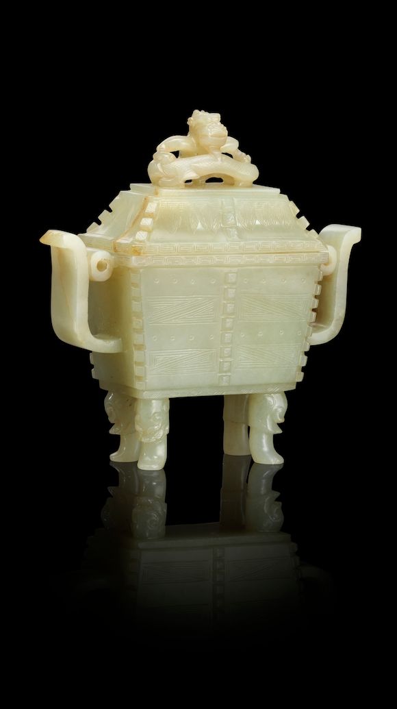 Bonhams An archaistic jade 'dragon' incense burner and cover, fang