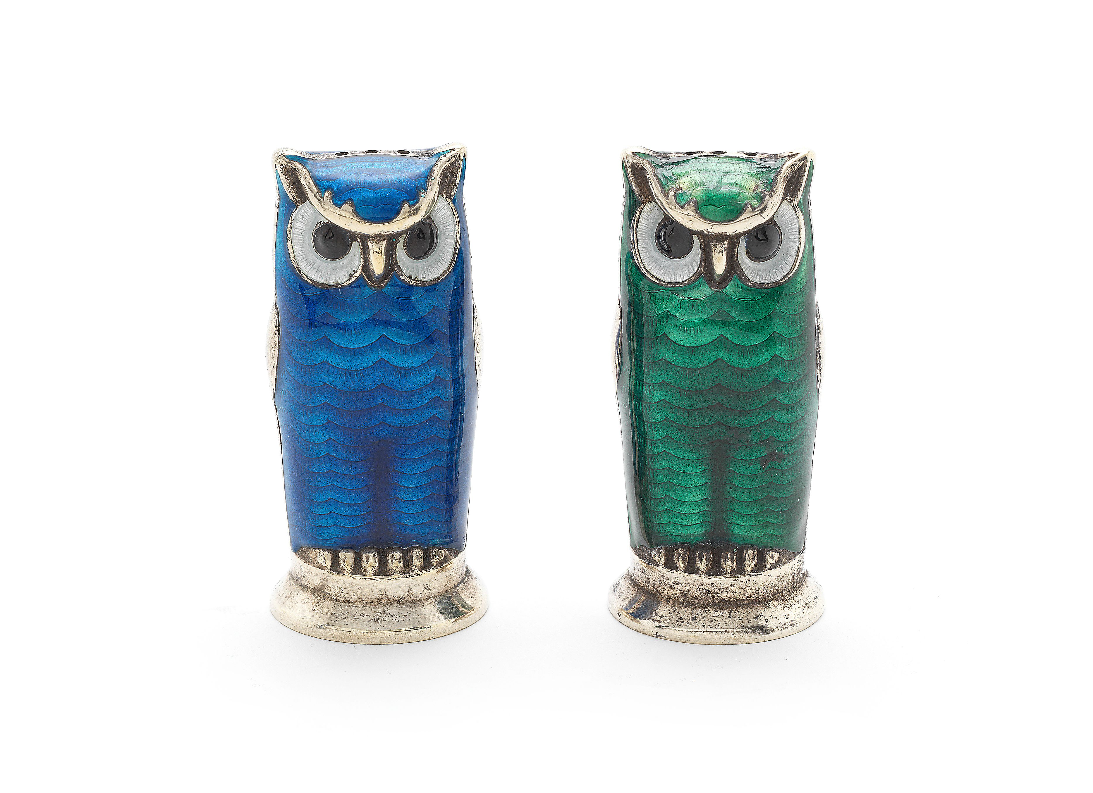 Bonhams DAVID ANDERSON Two Norwegian silver and enamelled novelty owl